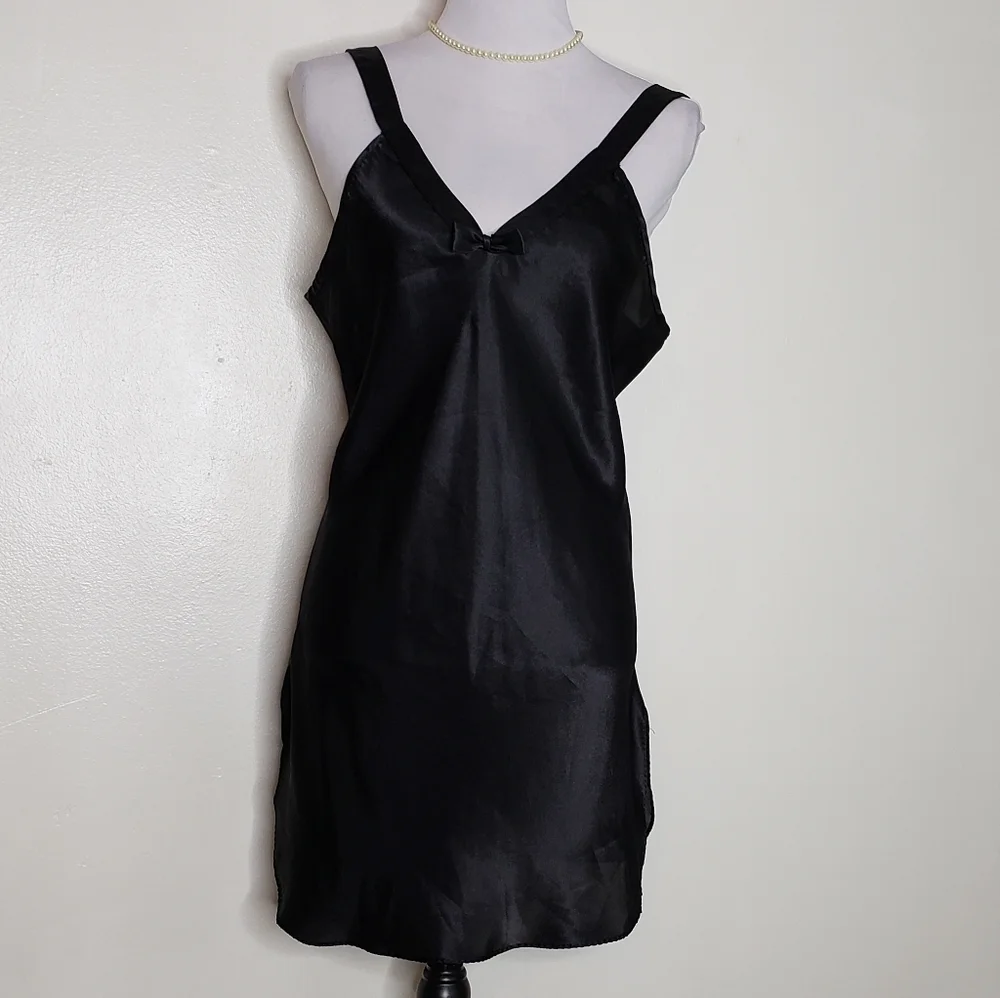 Vintage Black Satiny Night Slip Lingerie Chemise 80s Luxury Sexy Comfy Intimate